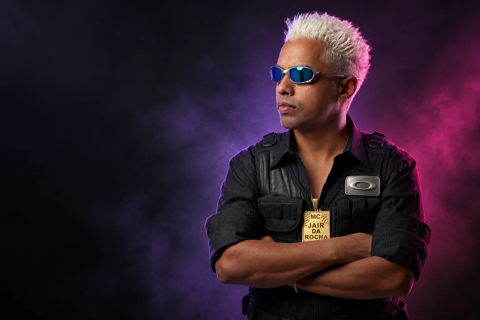 Retrato promocional de MC Jair da Rocha com luz violeta e rosa